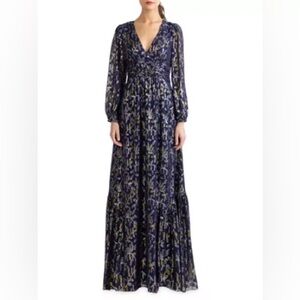 SHOSHANNA ELIZA METALLIC BLOUSON-SLEEVE DRESS IN NAVY GOLD SILVER